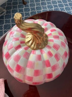 Mackenzie Childs large Checkered Pink & Cream Decorative Pumpkin with Gold Stem!
